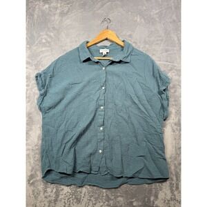 Jessica Simpson Shirt Women 2XL Light Teal Cotton Crinkle Short Sleeve Button Up